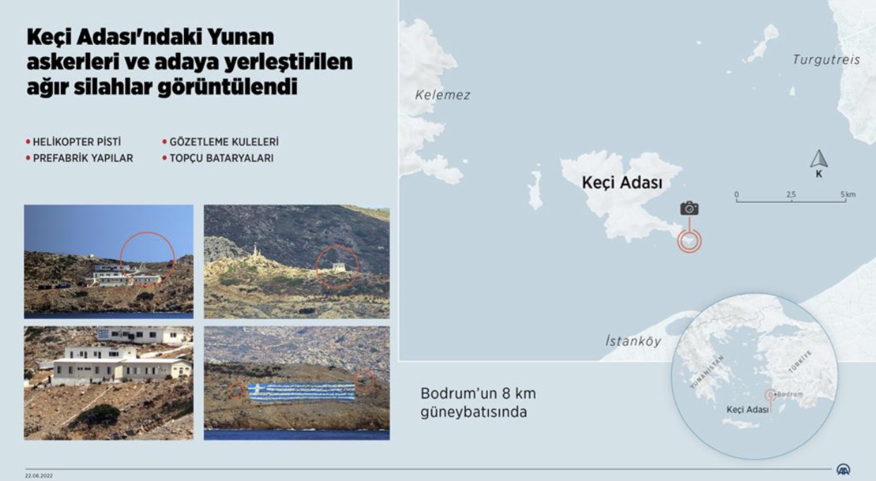 Keçi Adası'ndaki Yunan askerleri ve adaya yerleştirilen ağır silahlar görüntülendi