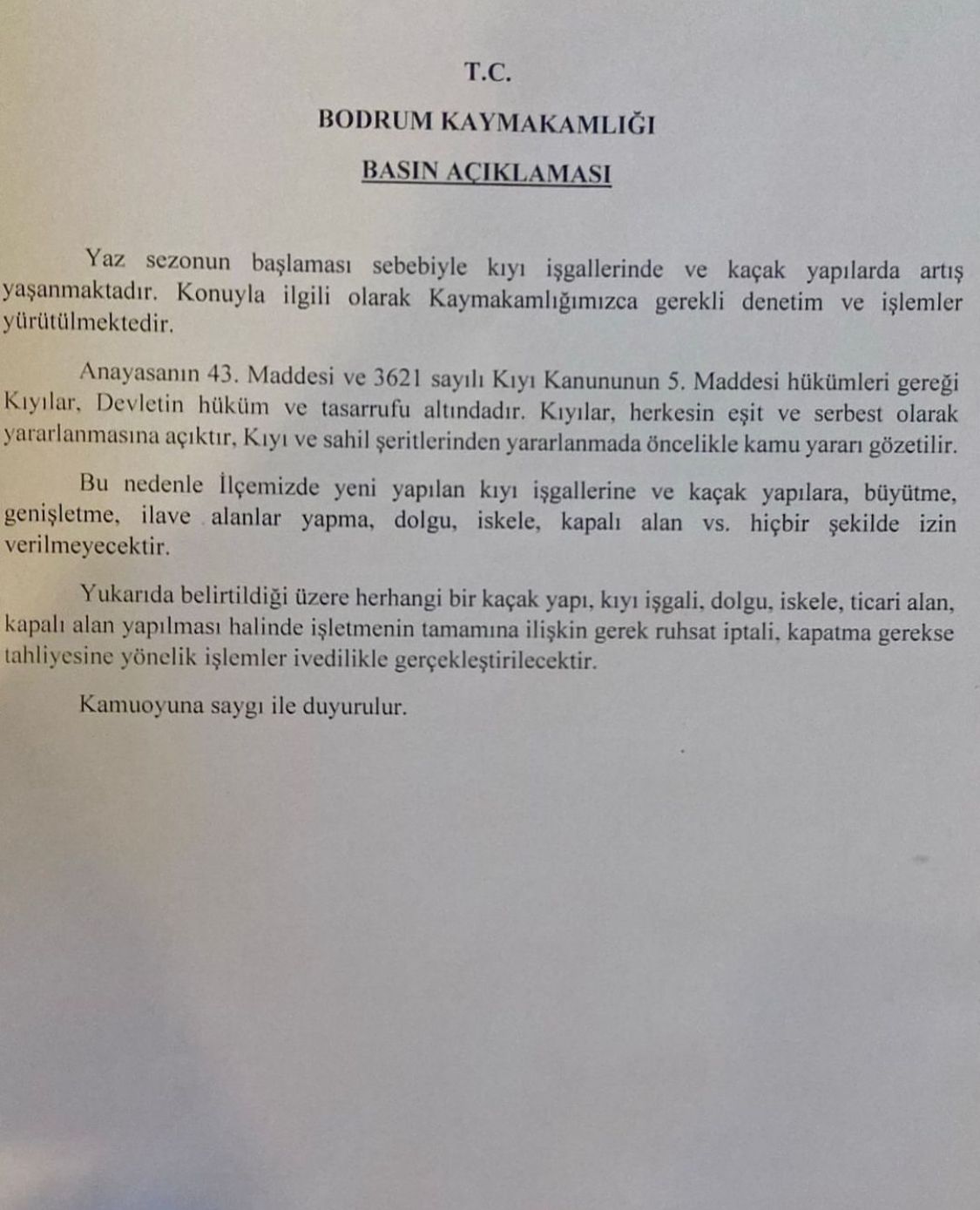 Kıyılardaki kaçak yapılar ile ilgili kaymakamlık açıklaması