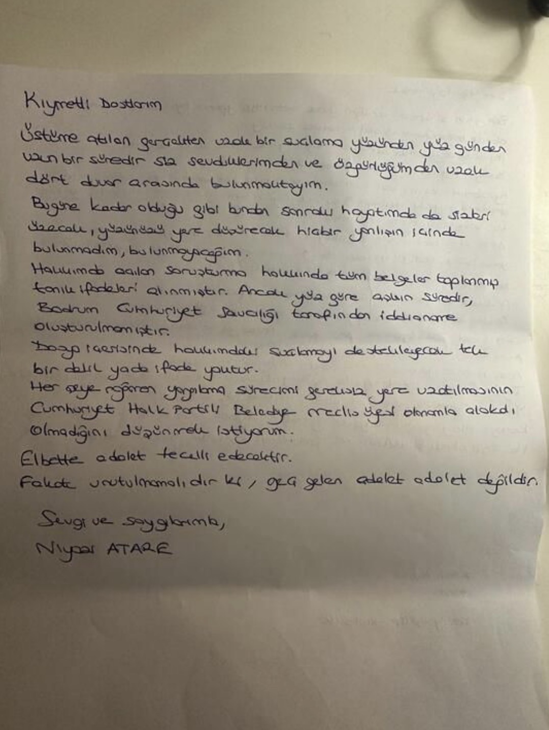 Niyazi Atare’den Cezaevinden Mesaj: ‘Dosyada Tek Bir Delil Yok’